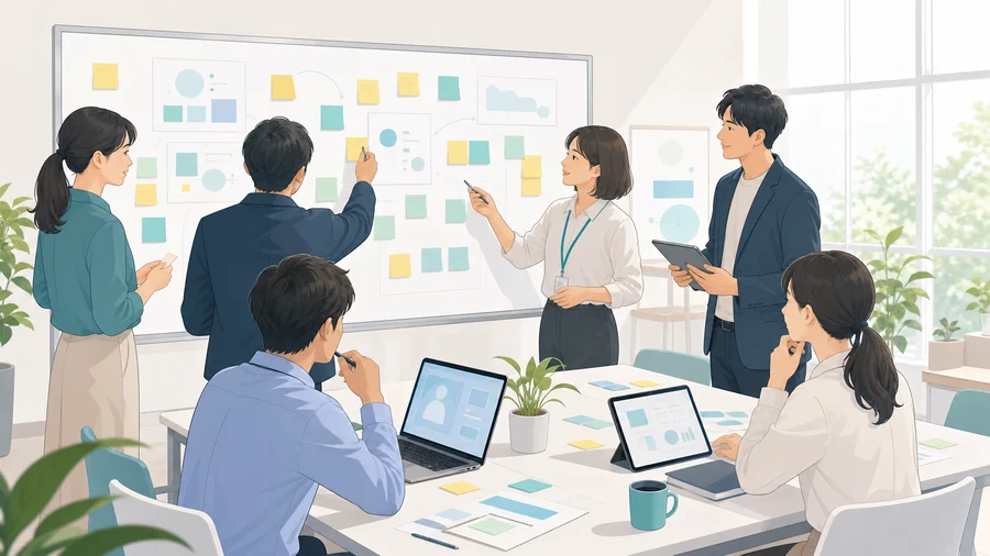 行政課題を持ち寄ってAI活用アイデアを整理しているイメージ