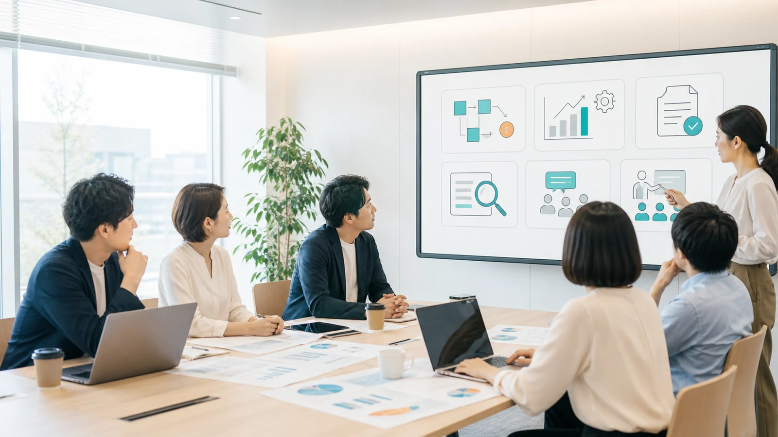 企業の担当者とAI活用支援者が部署別のAI活用テーマを議論しているイメージ