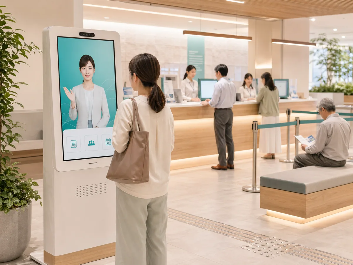 自治体窓口でAIアバター受付を利用する来訪者