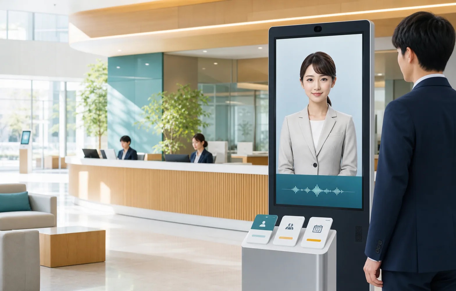 AIアバターが来訪者を案内する明るい受付空間